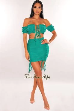 Vendor-unknown Emerald Off Shoulder Frill Tie Up Ruched Skirt Two Piece Set Just In