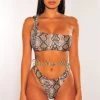 Vendor-unknown Brown Snake Print One Shoulder Jeweled Scrunch Butt Bikini