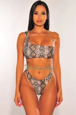 Vendor-unknown Brown Snake Print One Shoulder Jeweled Scrunch Butt Bikini