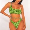 Vendor-unknown Just In Neon Lime Snake Print One Shoulder Jeweled Scrunch Butt Bikini