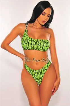 Vendor-unknown Just In Neon Lime Snake Print One Shoulder Jeweled Scrunch Butt Bikini