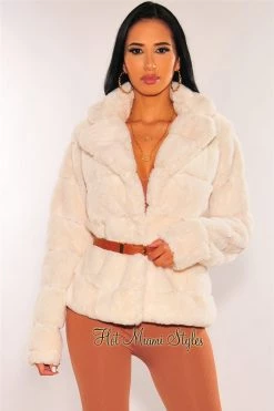 Vendor-unknown Just In Cream Collared Faux Fur Belted Jacket