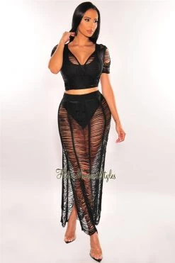 Vendor-unknown Just In Black Crochet Knit Sheer Skirt Two Piece Set Cover Up