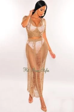 Vendor-unknown Just In Mocha Crochet Knit Sheer Skirt Two Piece Set Cover Up