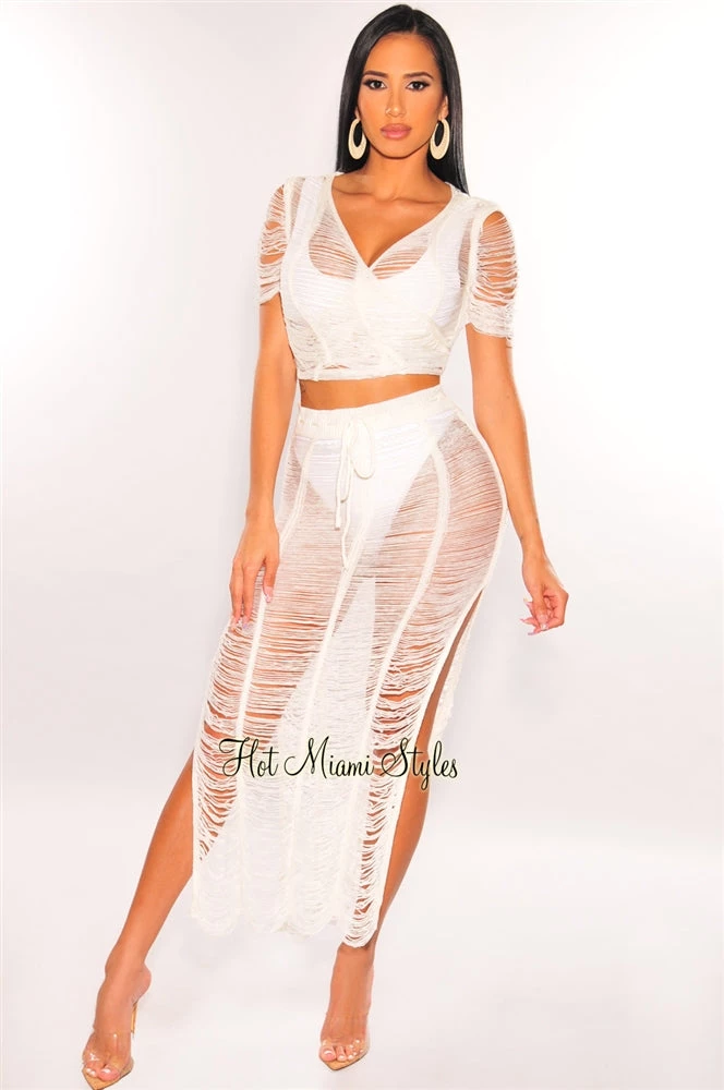 Vendor-unknown White Crochet Knit Sheer Skirt Two Piece Set Cover Up Just In