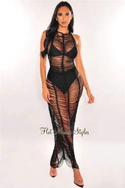 Vendor-unknown Black Crochet Ladder Cut Halter Open Back Maxi Cover Up Dress