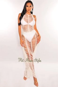 Vendor-unknown Just In White Crochet Ladder Cut Halter Open Back Maxi Cover Up Dress