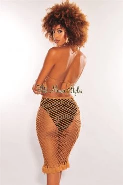 Vendor-unknown Mocha Crochet Halter Fringe Hem Skirt Two Piece Set Cover Up Just In