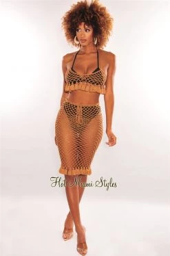 Vendor-unknown Mocha Crochet Halter Fringe Hem Skirt Two Piece Set Cover Up Just In