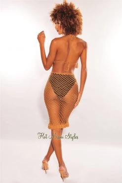 Vendor-unknown Mocha Crochet Halter Fringe Hem Skirt Two Piece Set Cover Up Just In
