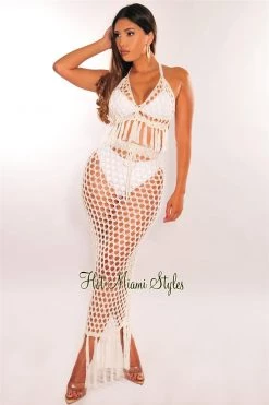 Vendor-unknown White Crochet Halter Fringe Skirt Two Piece Set Cover Up Just In