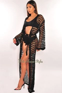 Vendor-unknown Black Knit Crochet Long Sleeve Tie Up Maxi Cover Up Just In