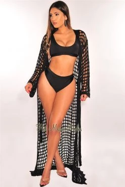 Vendor-unknown Black Knit Crochet Long Sleeve Tie Up Maxi Cover Up Just In