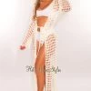 Vendor-unknown Off White Knit Crochet Long Sleeve Tie Up Maxi Cover Up