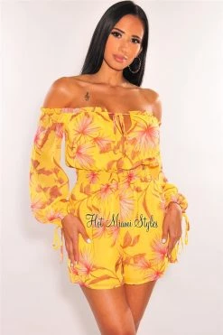 Vendor-unknown Yellow Floral Print Off Shoulder Long Sleeve Romper Just In