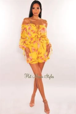 Vendor-unknown Yellow Floral Print Off Shoulder Long Sleeve Romper Just In