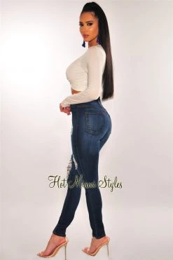 Vendor-unknown Just In Dark Blue Denim Ripped High Waist Skinny Jeans