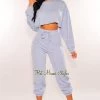 Sole Mio (set) Just In Iced Blue Ribbed Knit Cropped Long Sleeves Joggers Two Piece Set
