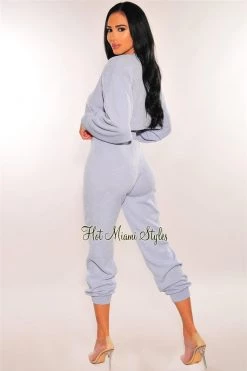 Sole Mio (set) Just In Iced Blue Ribbed Knit Cropped Long Sleeves Joggers Two Piece Set