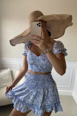 Vendor-unknown Blue Floral Print Padded Skirt Two Piece Set Just In