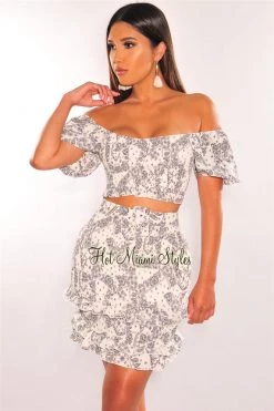 Vendor-unknown White Paisley Print Smocked Belted Skirt Two Piece Set Just In