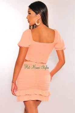 Vendor-unknown Peach Smocked Short Sleeve Ruffle Ruched Skirt Two Piece Set Just In