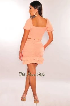 Vendor-unknown Peach Smocked Short Sleeve Ruffle Ruched Skirt Two Piece Set Just In