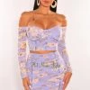 Vendor-unknown Just In Lilac Floral Print Off Shoulder Padded Ruched Skirt Two Piece Set