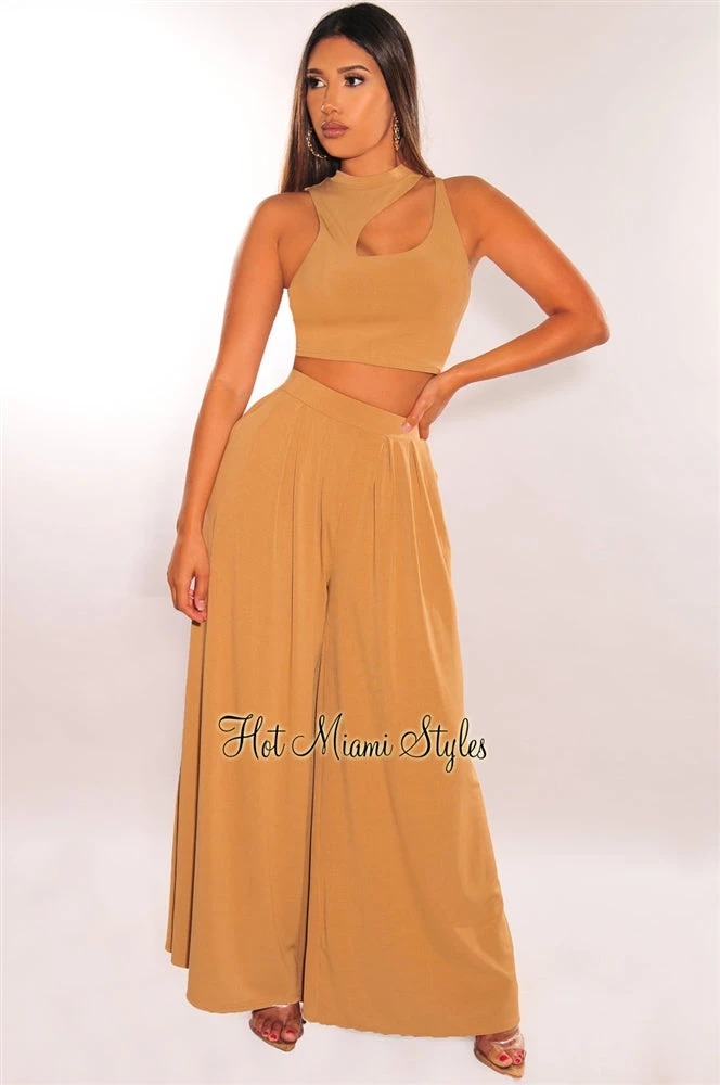 Vendor-unknown Mocha Ribbed Cut Out High Waist Palazzo Two Piece Set