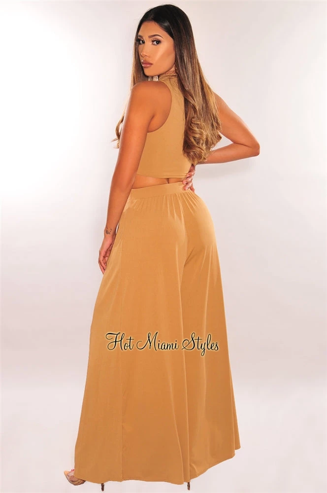 Vendor-unknown Mocha Ribbed Cut Out High Waist Palazzo Two Piece Set