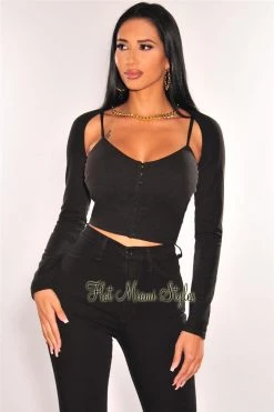Hot Miami Styles Just In Black Hook & Eye Crop Top + Gold Chain Shrug Jacket