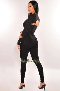 Hot Miami Styles Just In Black Hook & Eye Crop Top + Gold Chain Shrug Jacket