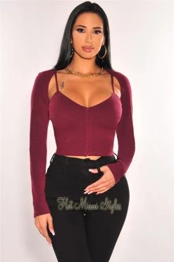 Vendor-unknown Just In Wine Hook & Eye Crop Top + Gold Chain Shrug Jacket