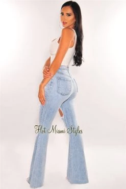 Vendor-unknown Light Denim High Waist Ripped Bell Bottoms Flare Jeans Just In
