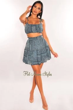 Vendor-unknown Just In Deep Teal Paisley Print Tie Up Straps Ruffle Skirt Two Piece Set