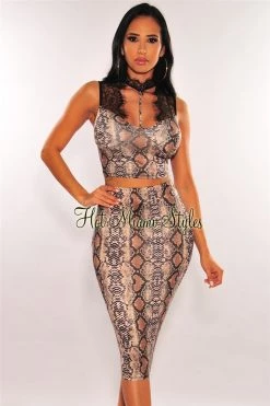 Sole Mio (set) Nude Snake Print Lace Padded Skirt Two Piece Set