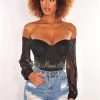 Vendor-unknown Black Mesh Padded Long Sleeve Bustier Crop Top Just In