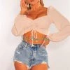 Vendor-unknown Cream Ribbed Knit Padded Ruched Long Sleeve Crop Top Just In