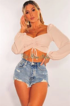 Vendor-unknown Cream Ribbed Knit Padded Ruched Long Sleeve Crop Top Just In