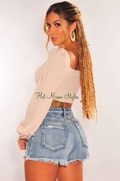 Vendor-unknown Cream Ribbed Knit Padded Ruched Long Sleeve Crop Top Just In