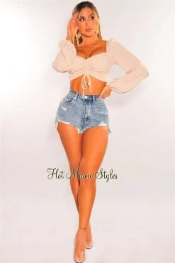 Vendor-unknown Cream Ribbed Knit Padded Ruched Long Sleeve Crop Top Just In