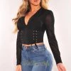 Vendor-unknown Black Mesh V Neck Long Sleeve Lace Up Corset Top Just In