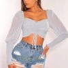 Vendor-unknown Dusty Blue Polka Dot Long Sleeve Smocked Drawstring Ruched Crop Top Just In
