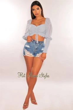 Vendor-unknown Dusty Blue Polka Dot Long Sleeve Smocked Drawstring Ruched Crop Top Just In