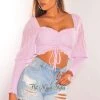 Vendor-unknown Just In Lilac Polka Dot Long Sleeve Smocked Drawstring Ruched Crop Top