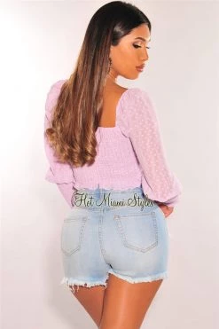 Vendor-unknown Just In Lilac Polka Dot Long Sleeve Smocked Drawstring Ruched Crop Top