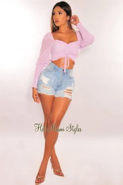 Vendor-unknown Just In Lilac Polka Dot Long Sleeve Smocked Drawstring Ruched Crop Top