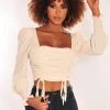 Vendor-unknown Cream Squared Neck Drawstring Tie Up Crop Top Just In