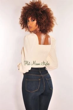 Vendor-unknown Cream Squared Neck Drawstring Tie Up Crop Top Just In