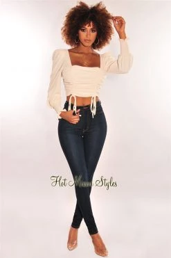 Vendor-unknown Cream Squared Neck Drawstring Tie Up Crop Top Just In